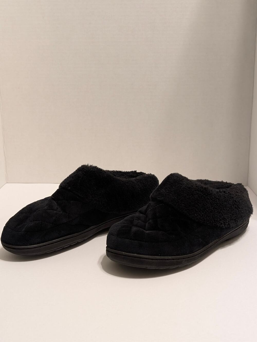 Dearfoams Women Medium 7-8 Slippers Quilted Velour Clog Black Faux Fur Cozy